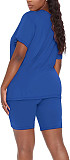Solid Color V Neck Short Sleeve T-shirts Shorts Set SHD-9411