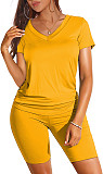 Solid Color V Neck Short Sleeve T-shirts Shorts Set SHD-9411