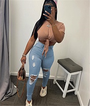Mid Waist Ripped Holes Denim Pencil Pants DY-6906