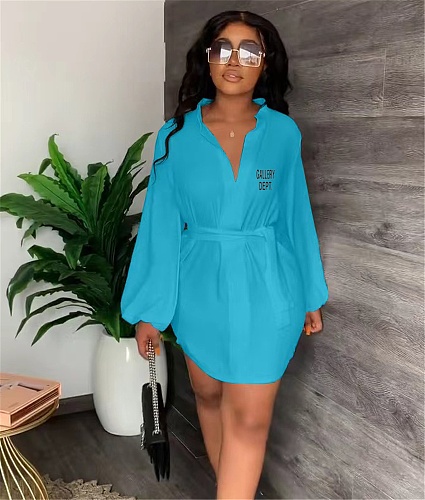 V Neck Puff Long Sleeve Lace Up Short Dresses OQ-0145