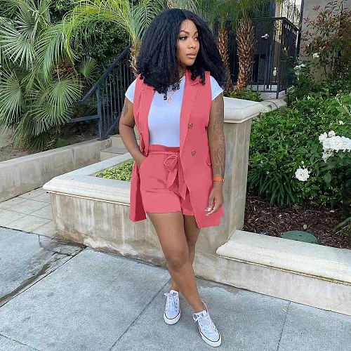 Solid Color OL Waistcoat and Shorts Two Piece Set YIM-335