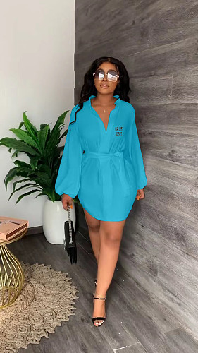 V Neck Puff Long Sleeve Lace Up Short Dresses OQ-0145