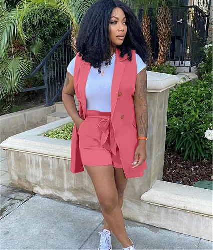 Solid Color OL Waistcoat and Shorts Two Piece Set YIM-335