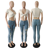 Mid Waist Ripped Holes Denim Pencil Pants DY-6906