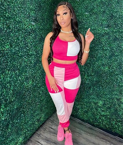 Color Block Patchwork Tank Tops Sports Pants Suit WDS-230459