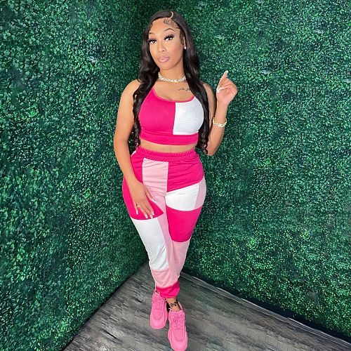 Color Block Patchwork Tank Tops Sports Pants Suit WDS-230459
