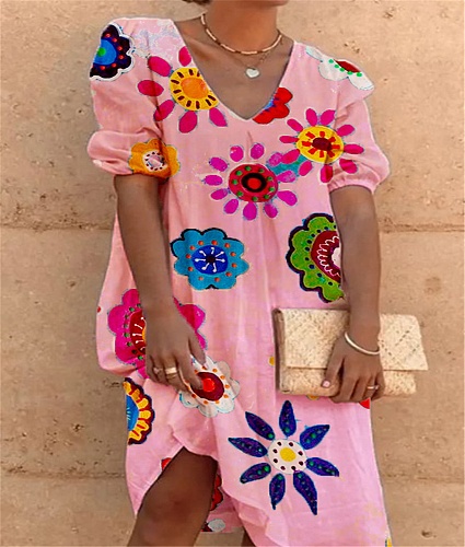 Floral Print V Neck Short Sleeve Loose Summer Dresses MK-3156
