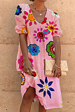 Floral Print V Neck Short Sleeve Loose Summer Dresses MK-3156