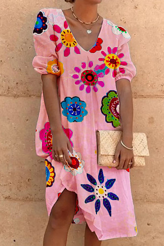 Floral Print V Neck Short Sleeve Loose Summer Dresses MK-3156