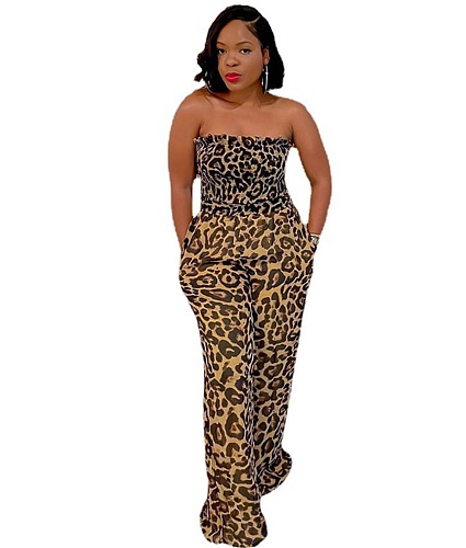 Leopard Print Strapless Backless Wide Leg Jumpsuit BN-9428
