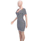 Stripe Print Short Sleeve Casual Short Dresses SH-390519