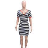 Stripe Print Short Sleeve Casual Short Dresses SH-390519