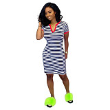 Stripe Print Short Sleeve Casual Short Dresses SH-390519