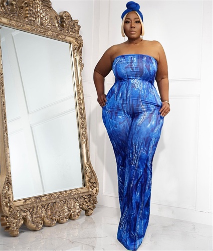 Tie Dye Print Strapless Loose Wide Leg Jumpsuit JLY-19569