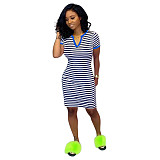 Stripe Print Short Sleeve Casual Short Dresses SH-390519