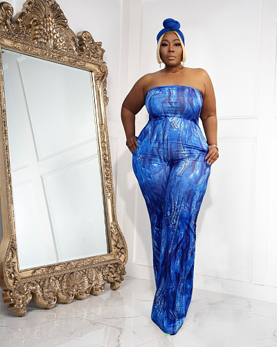 Tie Dye Print Strapless Loose Wide Leg Jumpsuit JLY-19569