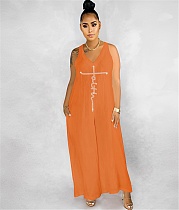 Summer Sleeveless V Neck Loose Wide Leg Jumpsuits BER-7050