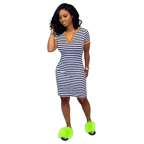 Stripe Print Short Sleeve Casual Short Dresses SH-390519