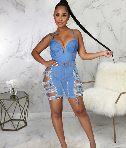 Hot Sale Fashion Women's Summer Ripped High Waist Streetwear All-Match Ladies Denim Shorts HSF-2583