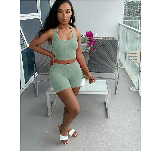 Halter Neck Backless Crop Tops Jogger Shorts Suit AIB-8886