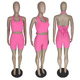 Halter Neck Backless Crop Tops Jogger Shorts Suit AIB-8886