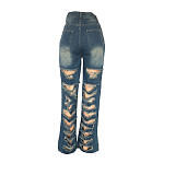 Streetwear High Waist Ripped Holes Jean Pants LX-5533