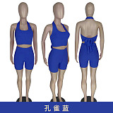 Halter Neck Backless Crop Tops Jogger Shorts Suit AIB-8886