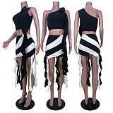 Skew Collar Sleeveless Irregular Ruffle 2 Piece Skirt Sets MDF-5373