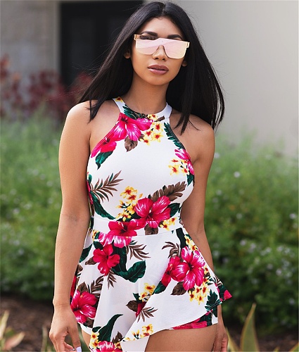 Floral Print Sleeveless Back Cut Out irregular Romper LSL-6157
