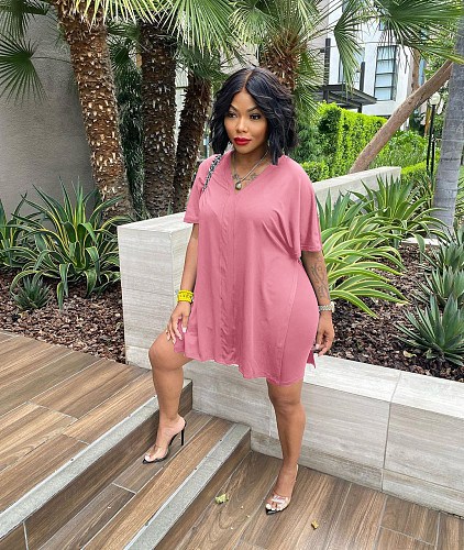 V Neck Side Slit Loose T-shirts Biker Shorts 2 Piece Sets WA-77575