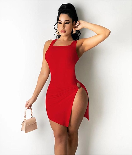 Solid Color Sleeveless Side Slit Sexy Dresses OM-1617