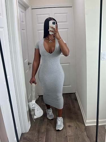 Casual Solid Color V Neck Short Sleeve Bodycon Dresses NIYA-8144