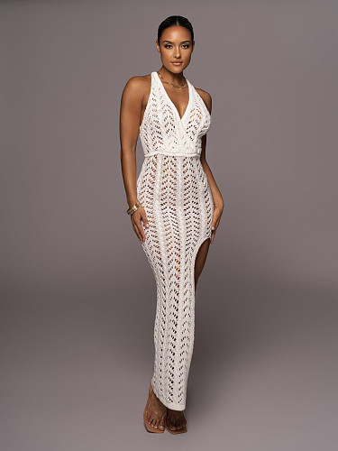 Knitting See Through V Neck Backless High Slit Dresses ZS-0282