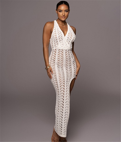 Knitting See Through V Neck Backless High Slit Dresses ZS-0282
