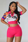 Character Drawing Sweater Crop Tops 2 Piece Short Sets OSM-4397