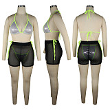 Sexy Swimwear Sequin Bikini Mesh Shorts 3 Piece Sets TE-4587