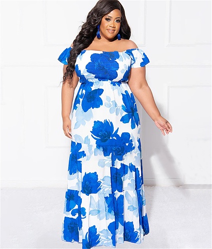Floral Print Off Shoulder Loose Plus Size Dresses NNWY-7846