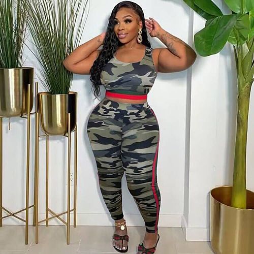 Camo Print Cropped Tank Tops Leggings Two Piece Set LP-66135