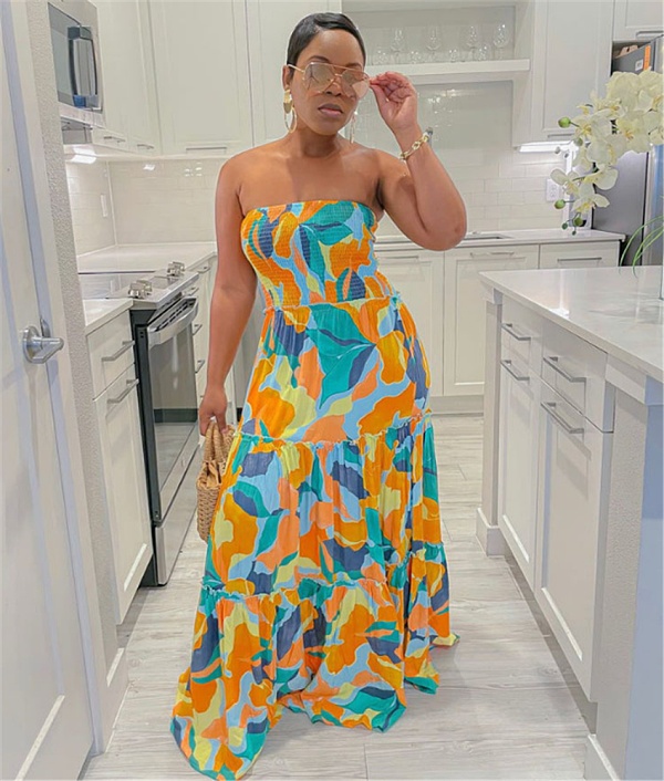 Summer Printing Strapless Pleated Maxi Dresses BN-9430