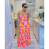 Summer Printing Strapless Pleated Maxi Dresses BN-9430