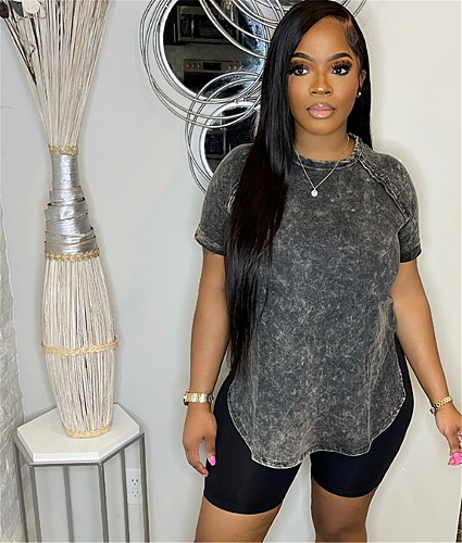 Retro Side Slit T Shirt Biker Shorts Two Piece Sets WA-77590