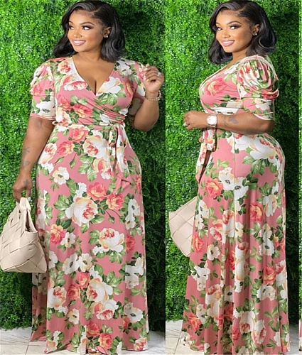 Floral Print Short Sleeve Lace Up Maxi Dresses NK-8624