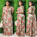 Floral Print Short Sleeve Lace Up Maxi Dresses NK-8624