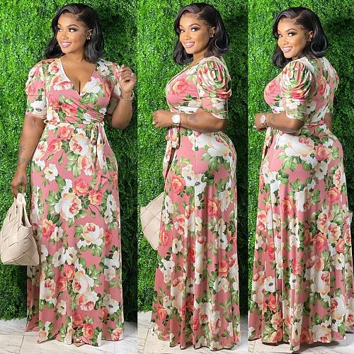 Floral Print Short Sleeve Lace Up Maxi Dresses NK-8624