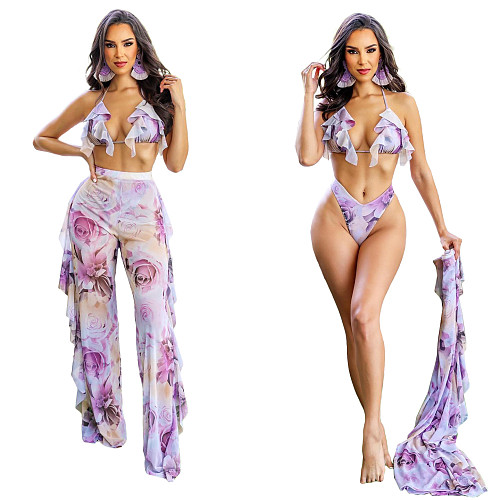 Sexy Floral Print Chiffon Bikinis Ruffle Pants 3 Piece Set XMY-9413