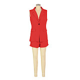 Office Lady Solid Color Sleeveless Blazer 2 Piece Suit AIL-242