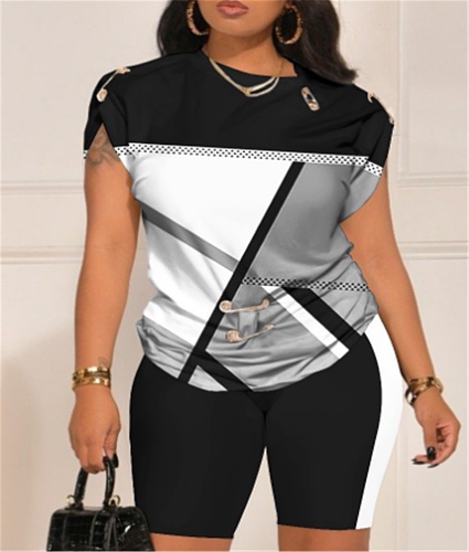 Casual Pin Print Short Sleeve T-shirt Shorts Two Piece Set SAN-9043