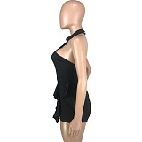 Solid Halter Neck Backless Ruffle One Pieces Rompers MEI-9303