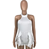 Solid Halter Neck Backless Ruffle One Pieces Rompers MEI-9303
