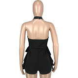 Solid Halter Neck Backless Ruffle One Pieces Rompers MEI-9303